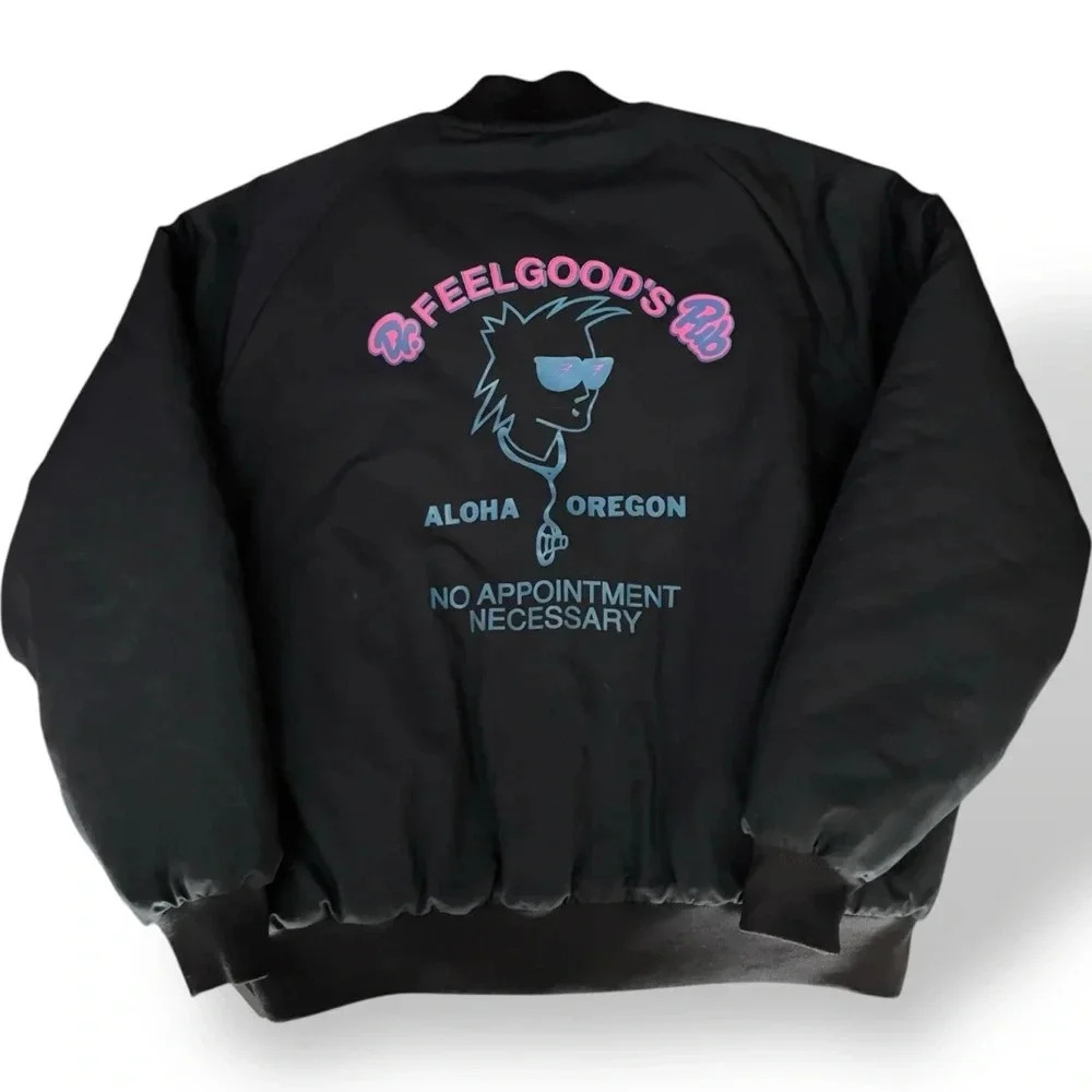 Vtg MA Klein Dr. Feelgoods Pub Bomber Jacket Members Only Snap 2XL Oregon Sports